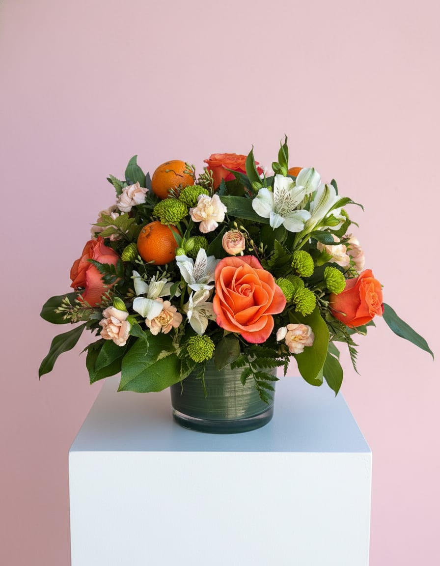 Orange roses and white alstroemeria in a glass vase with oranges
