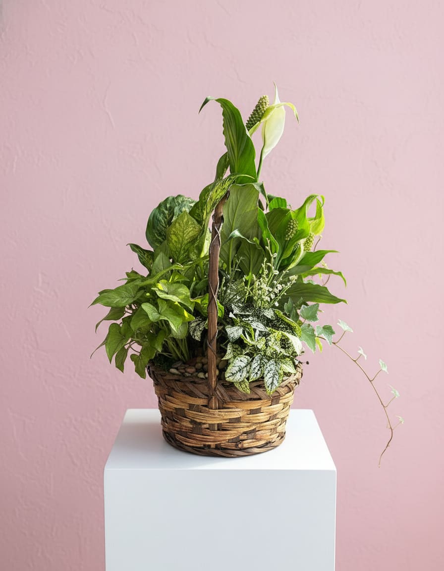 Emerald Garden Basket - You don't have to follow the yellow brick road to find this emerald jewel. All kinds of gorgeous greens fill this basket that makes a perfect gift for men or women. Celebration or sympathy. Birthday or any day. So beautiful and bountiful it will deliver any message eloquently.  Approximately 17" W x 17" H  Orientation: All-Around 