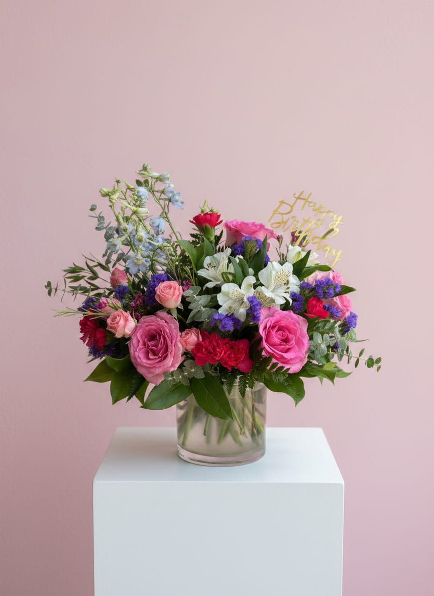 Mixed pink and white flowers in a glass vase with a birthday topper