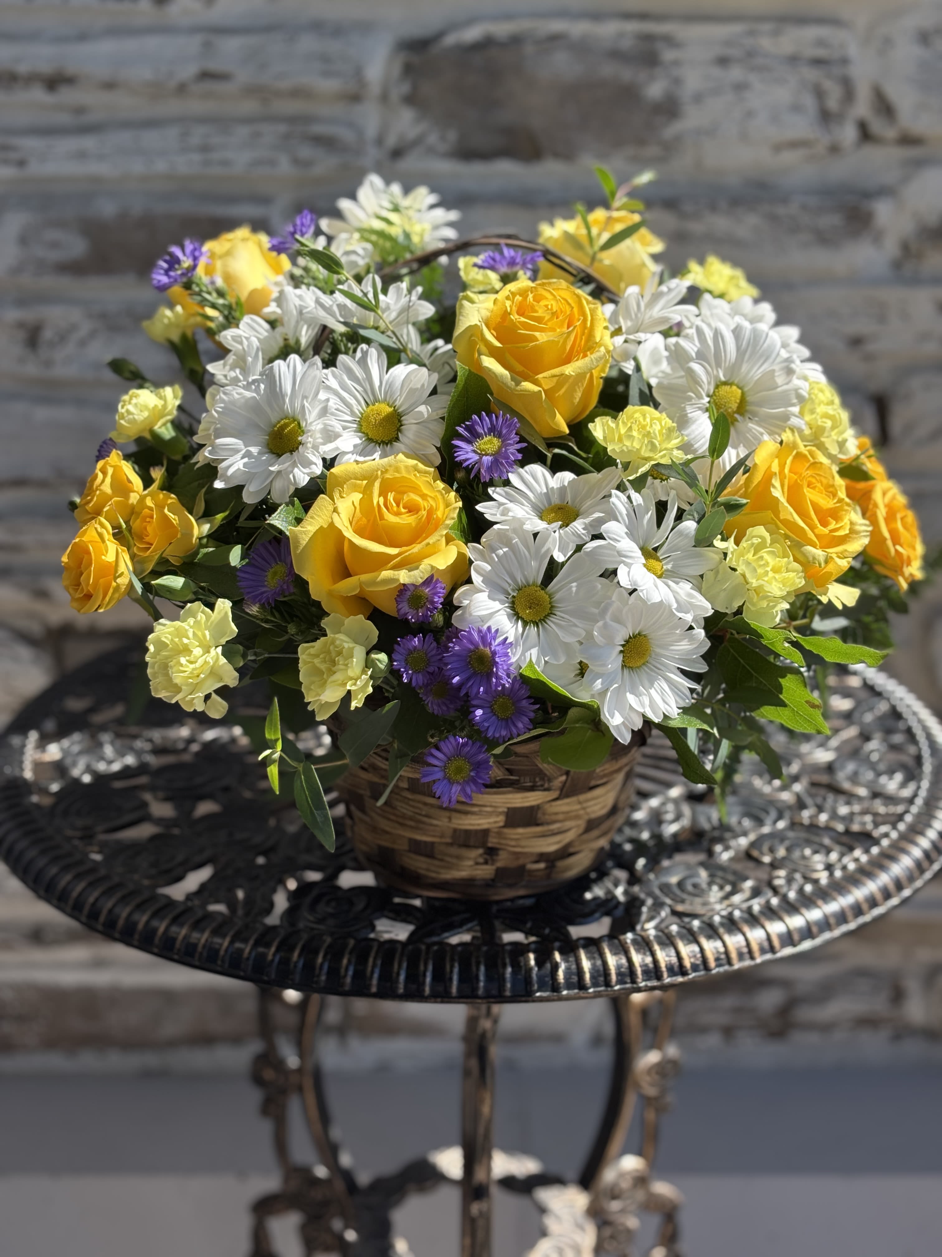 Sweet Tranquility - Yellow Roses and Spray Roses, Matsumoto Asters, White Daisies and Dazzling Green Mums Arranged in a Lovely Willow Basket