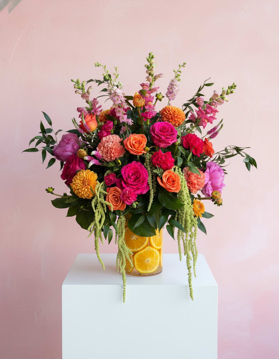 Main Squeeze - Gorgeous mix of pinks and orange flowers beautifully arranged, sits on a cylinder vase filled with sliced oranges. This arrangement is all the way around.   Cylinder Vase size is 10H x 6W,  total arrangement size is approximately 27 x 27.  