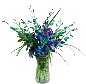 Blue and purple flowers in a tall green glass vase