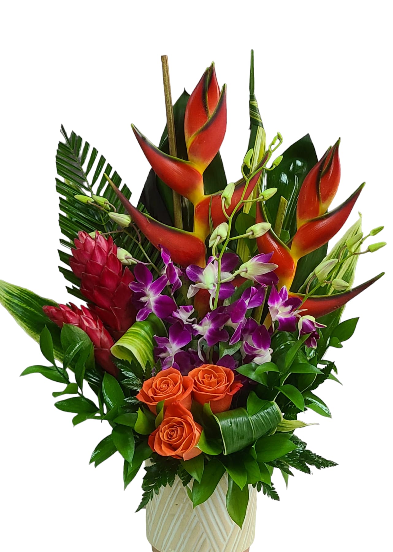 Tropical bouquet with orange roses, purple orchids, and red heliconia in a vase