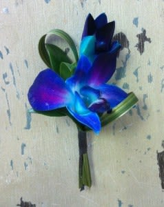 Single blue-purple orchid boutonniere with green leaves