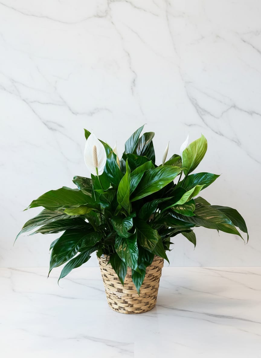 Potted peace lily in a woven basket planter