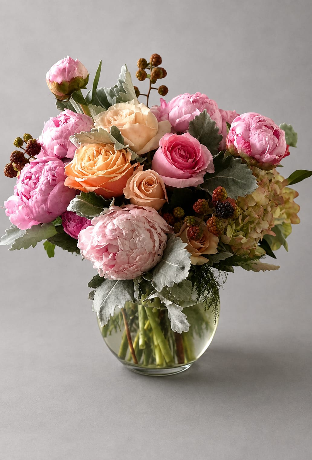 Pink and peach roses arranged in a clear glass vase