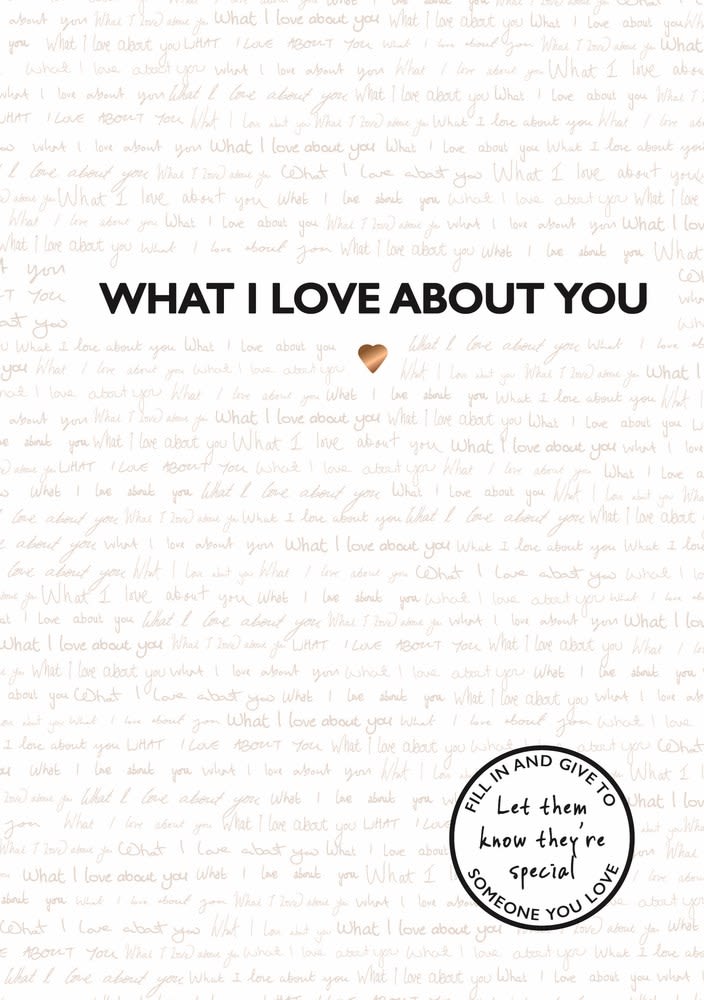 White gift wrap printed with "What I Love About You" and a small heart