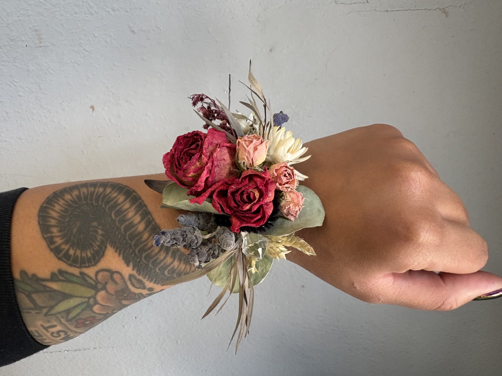 Dried flower wrist corsage #2 *only one available* - A beautifully designed wrist corsage made to last. Gorgeous dried flowers accented with gems. 