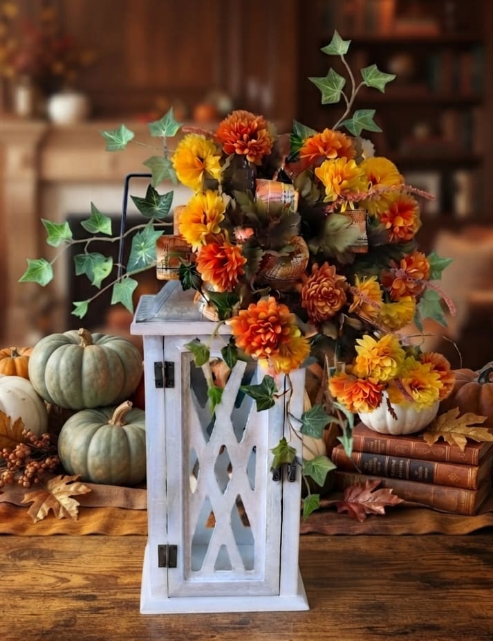 Orange and yellow flower arrangement in a white lantern-style holder
