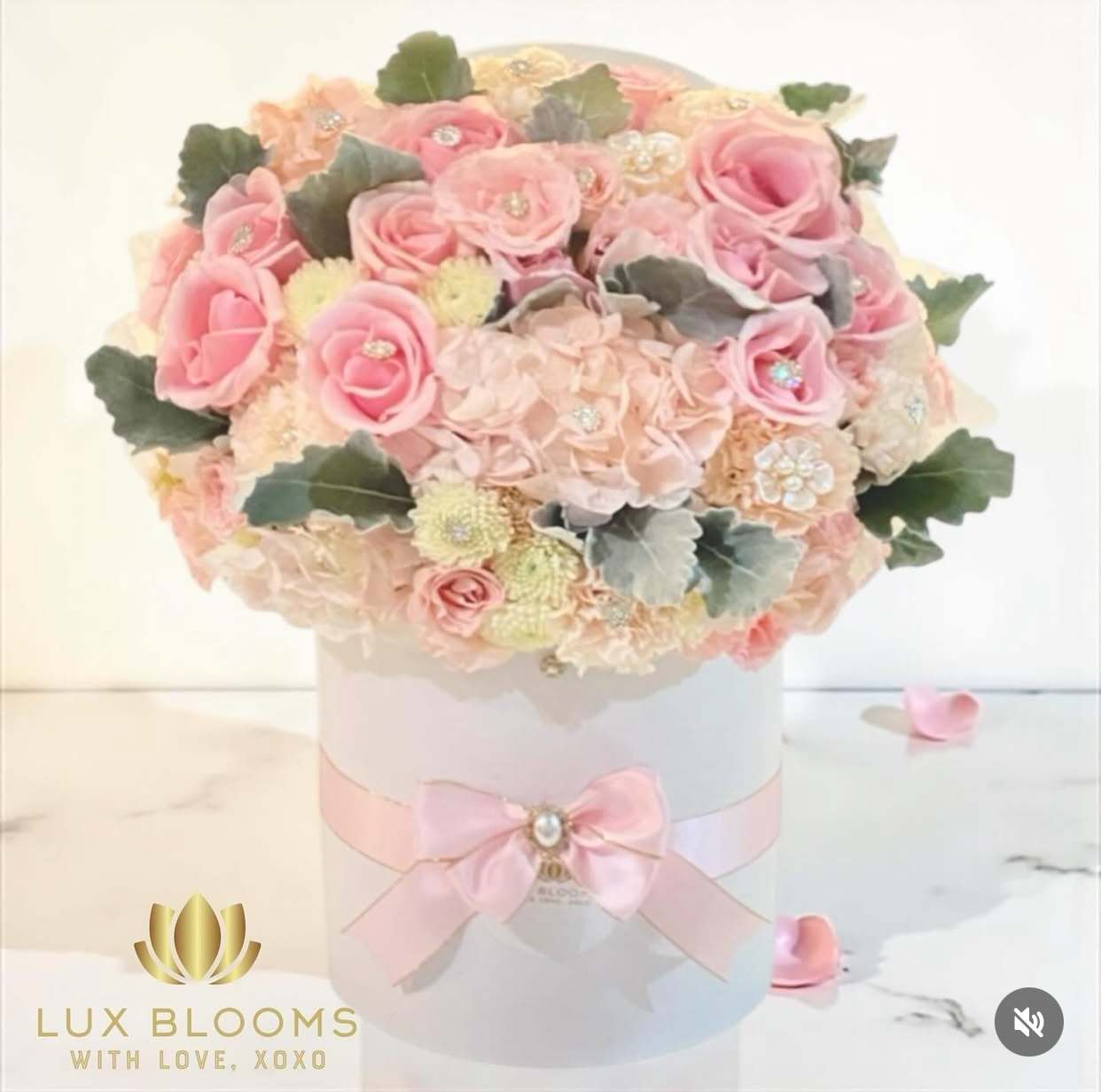 Pink rose bouquet in a white hatbox with a pink ribbon