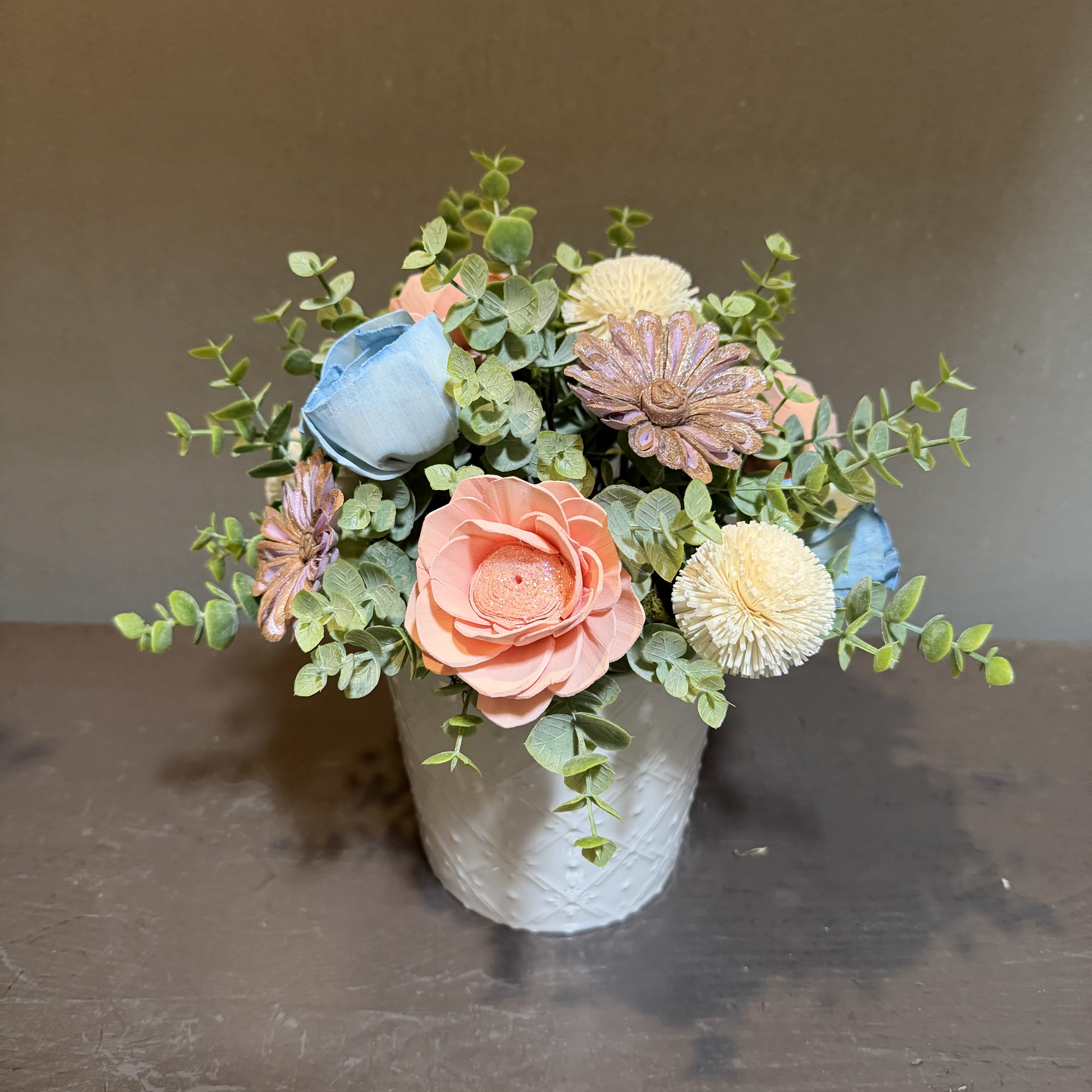 Sola Wooden Flower Centerpiece - Shimmering Beauty - Hand-dyed and hand-crafted in Minneapolis, these flowers made of balsa wood are a wonderful everlasting floral arrangement - great for those with allergies! Can be used as a natural essential oil diffuser too!  Arrives in a keepsake vase. Approx. Dimensions: 10"Tx10"W 