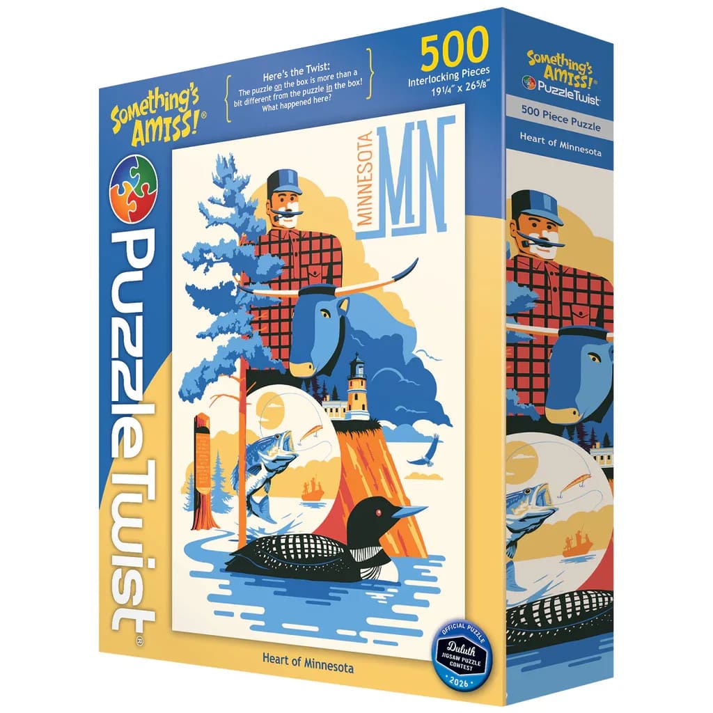 PuzzleTwist - Heart of MN - Here's the Twist: The puzzle ON the box is more than a bit different from the puzzle IN the box!  What happened here?  About the Artist:  Heart of Minnesota by Steve Thomas captures the spirit, landmarks, and quiet charm of the North Star State in his signature vintage-inspired style. A freelance illustrator from Minnesota, Steve draws on retro poster art and mid-century design to create bold, nostalgic scenes that celebrate place and story. And true to PuzzleTwist fashion, don’t be surprised if the final image has a few playful surprises—because what you see isn’t always what you get!
