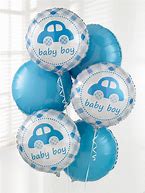 Cluster of blue baby boy balloons with car prints