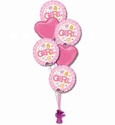 Pink girl-themed balloon bouquet with heart balloons
