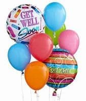 Cluster of colorful balloons with two printed get-well messages
