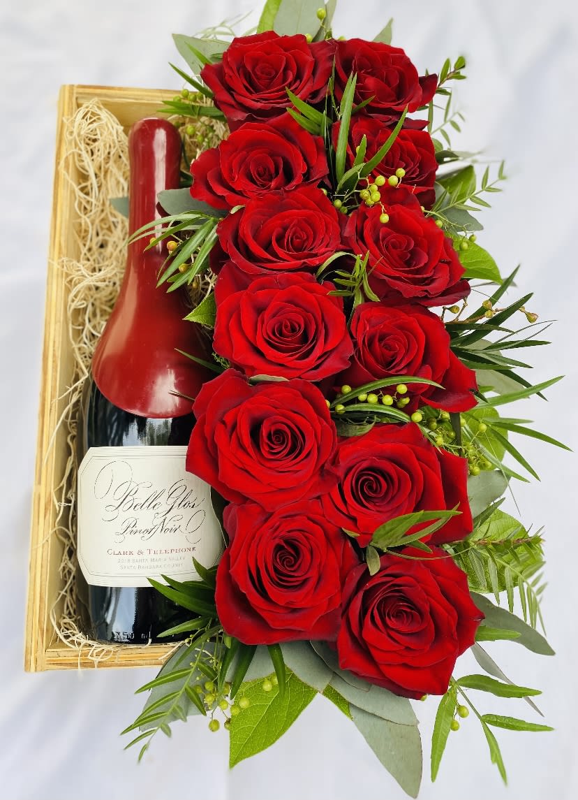 Belle Glos "Clark &amp; Telephone" Pinot Noir Santa Barbara Rose Crate - Treat your loved one to this sexy bottle of 750 ml Pinot Noir complimented by a doz. red roses in our handmade wooden box.  Disclaimer: All orders containing wine or spirits processed and delivered by Holdrens Steaks &amp; Seafoods LLC. Recipient must be 21 and over to except this package 