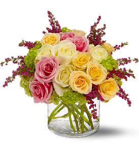 Enchanted Roses - Cast a spell of enchantment with this medley of pink, peach and white roses - accented with heather and green hydrangea - that seems fresh from a fairy tale. It's sure to make someone's wishes come true!  Pink, peach and white roses â plus green hydrangea â are accented with viburnum and heather and delivered in a cylindrical clear glass vase.  Approximately 16" (W) x 12" (H)  Orientation: All-Around  As Shown : TFWEB187