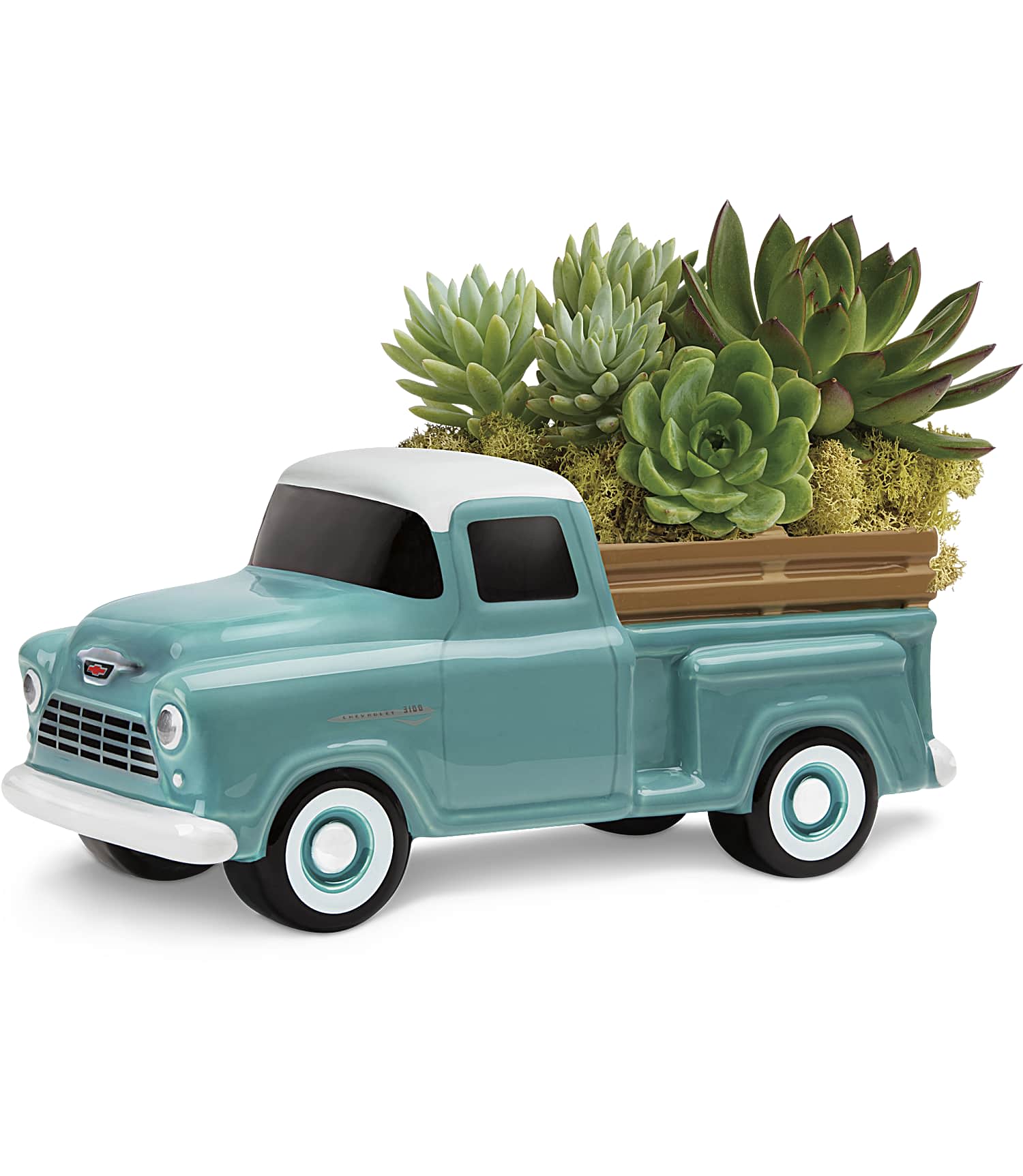Perfect Chevy Pickup Truck -  Hand-painted and hand-glazed, this ceramic Chevy hauls a beautiful bounty of living green echeveria plants. It's one of the ways we're commemorating the 100th Anniversary of Chevrolet Trucks!