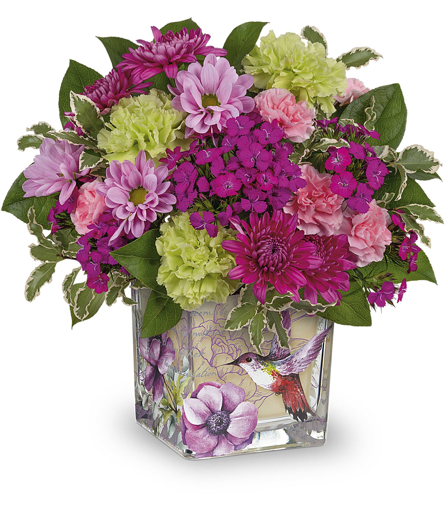 Pink and green mixed flower arrangement in a decorated glass vase
