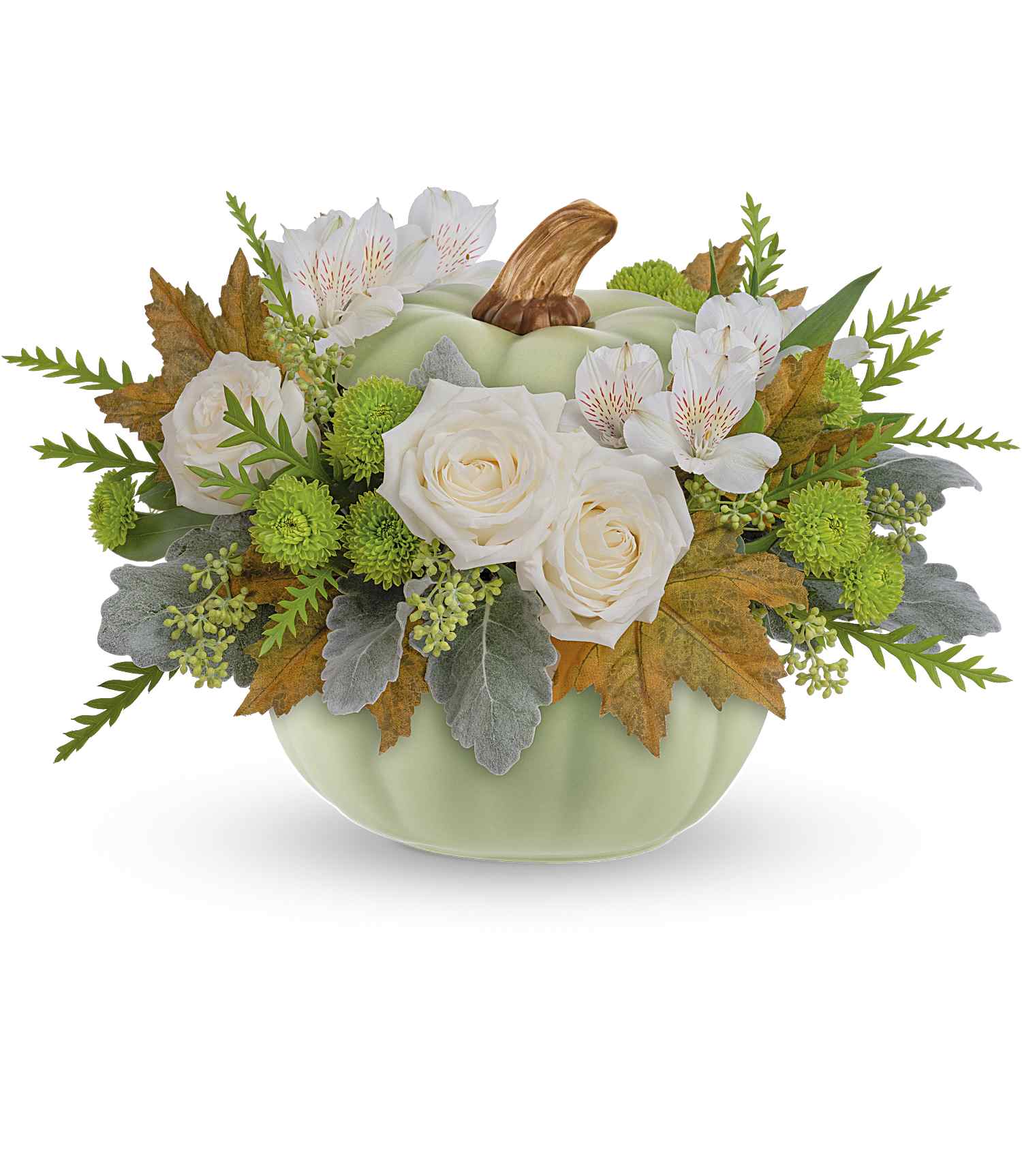 White roses and green mums in a pale green pumpkin vase