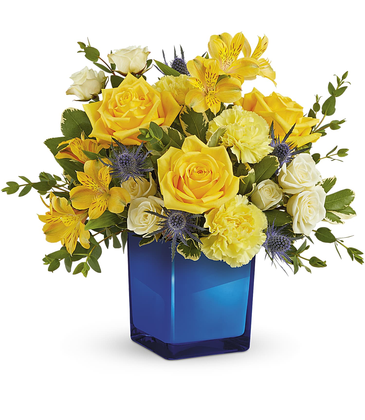 Yellow and white roses with yellow alstroemeria in a blue vase