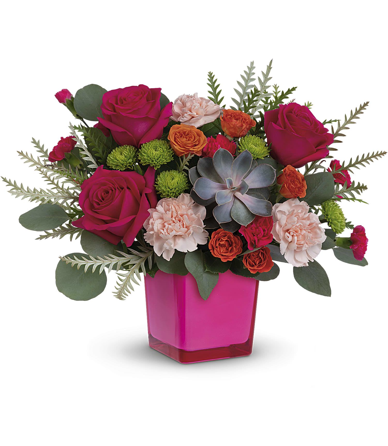 Sunkissed Bouquet by Teleflora  - Send sunny kisses across the miles with this hot pink surprise of bright blooms in a keepsake fuchsia glass cube.