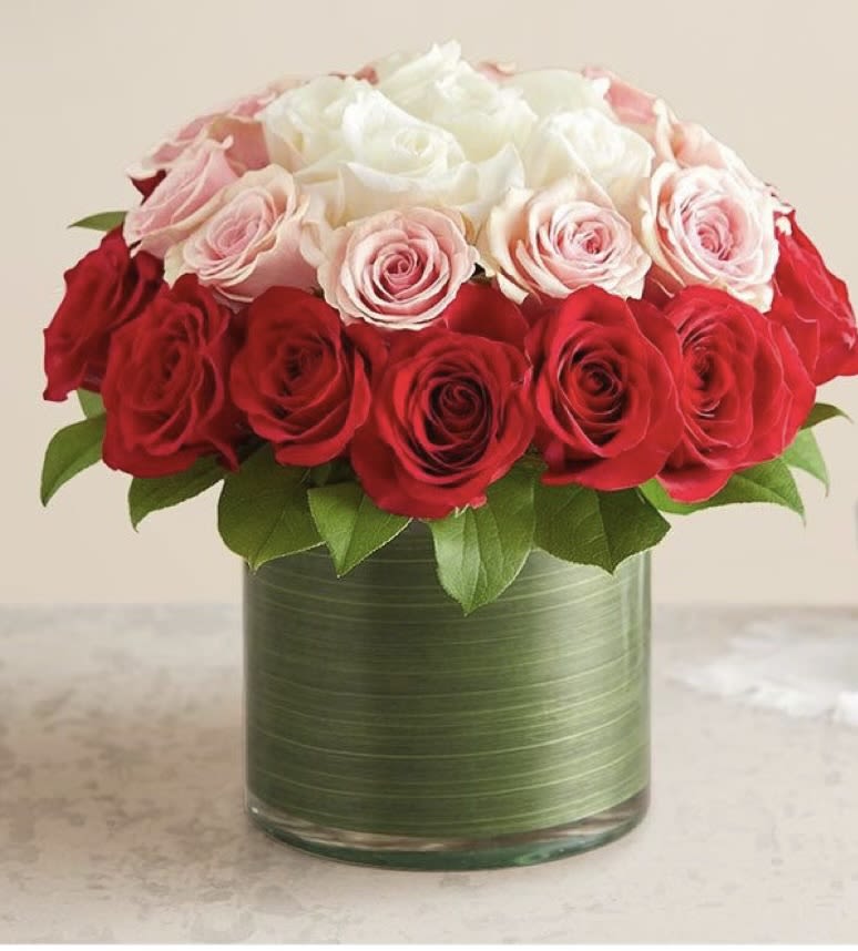 Red and white roses arranged in a glass vase