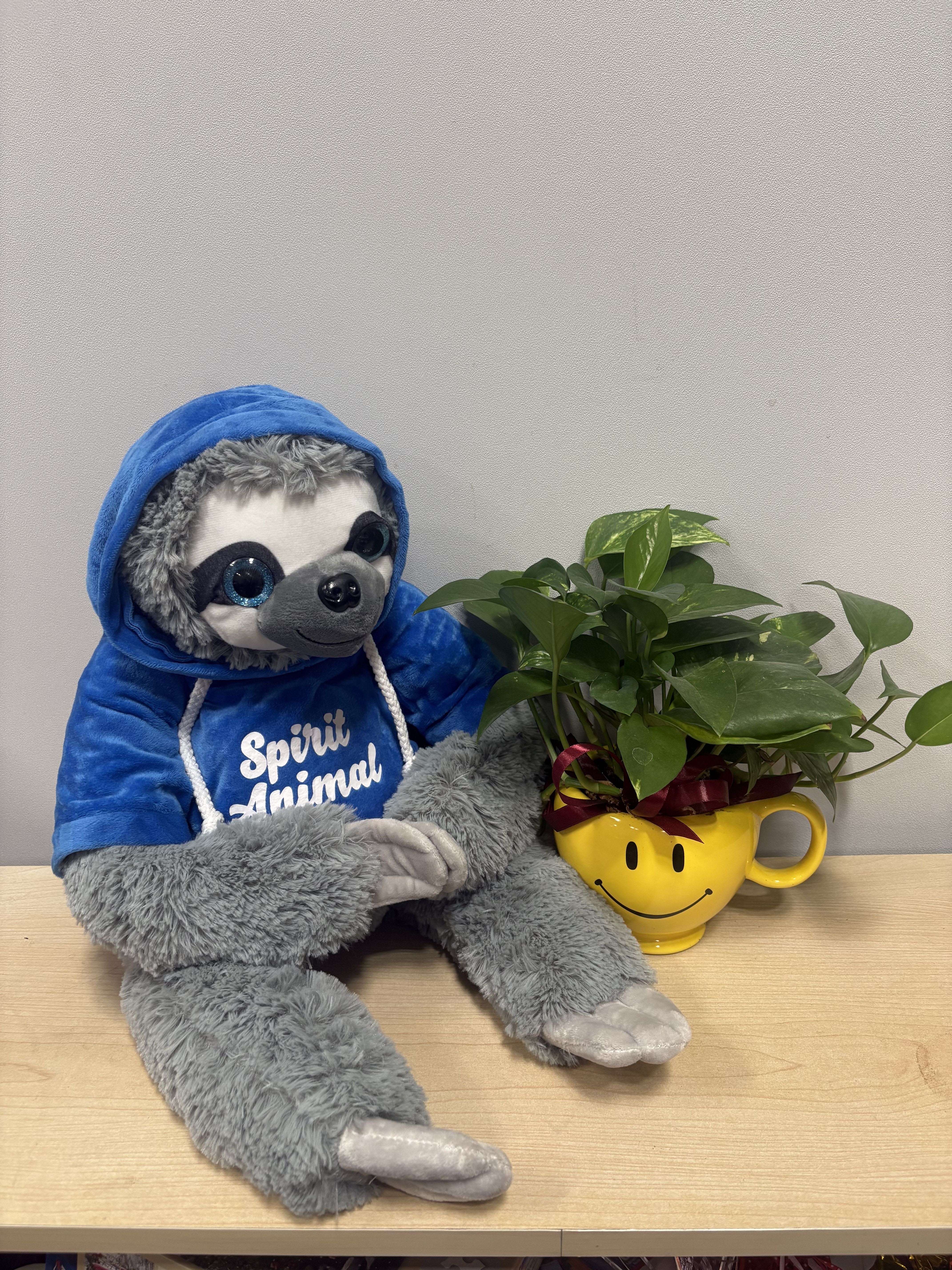 Plush sloth beside a potted green plant in a yellow smiley mug