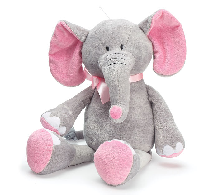 PLUSH PINK &amp; GRAY PLUSH ELEPHANT - Gray elephant with pink accents on its ears, the tip of its trunk, and the bottoms of its feet and hands. It also has an easy-tie ribbon loop on the neck and a pink satin ribbon. 16"H X 9 1/2"W X 9 1/2"D X 10"Sitting.