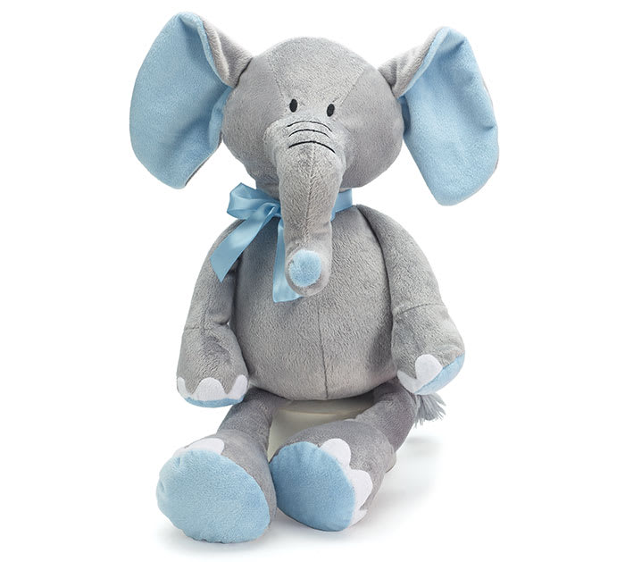 PLUSH BLUE &amp; GRAY ELEPHANT - Gray elephant with blue accents on its ears, the tip of its trunk, and the bottoms of its feet and hands. It also has an easy-tie ribbon loop on the neck and a pink satin ribbon.  16"H X 9 1/2"W X 9 1/2"D X 10"Sitting.