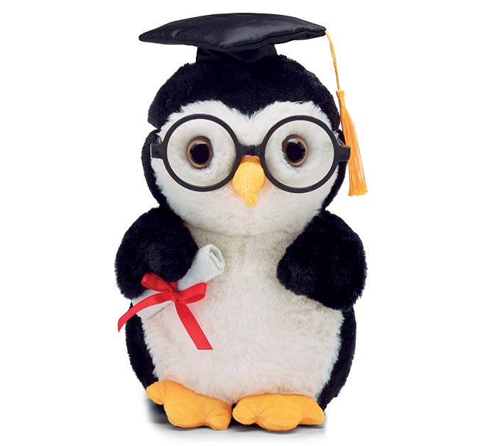 Plush penguin wearing glasses and a graduation cap, holding a diploma