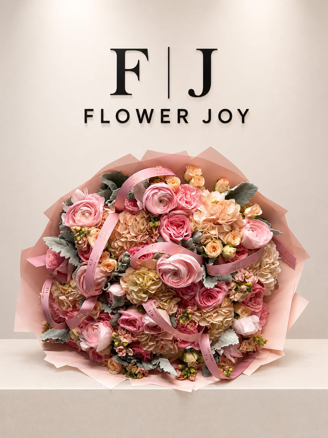Large pink bouquet of roses, ranunculus, and hydrangeas wrapped in pink paper