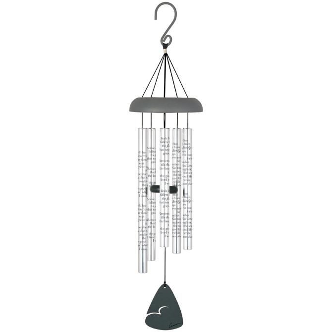Hanging metal wind chime with clear tubes and a dark clapper