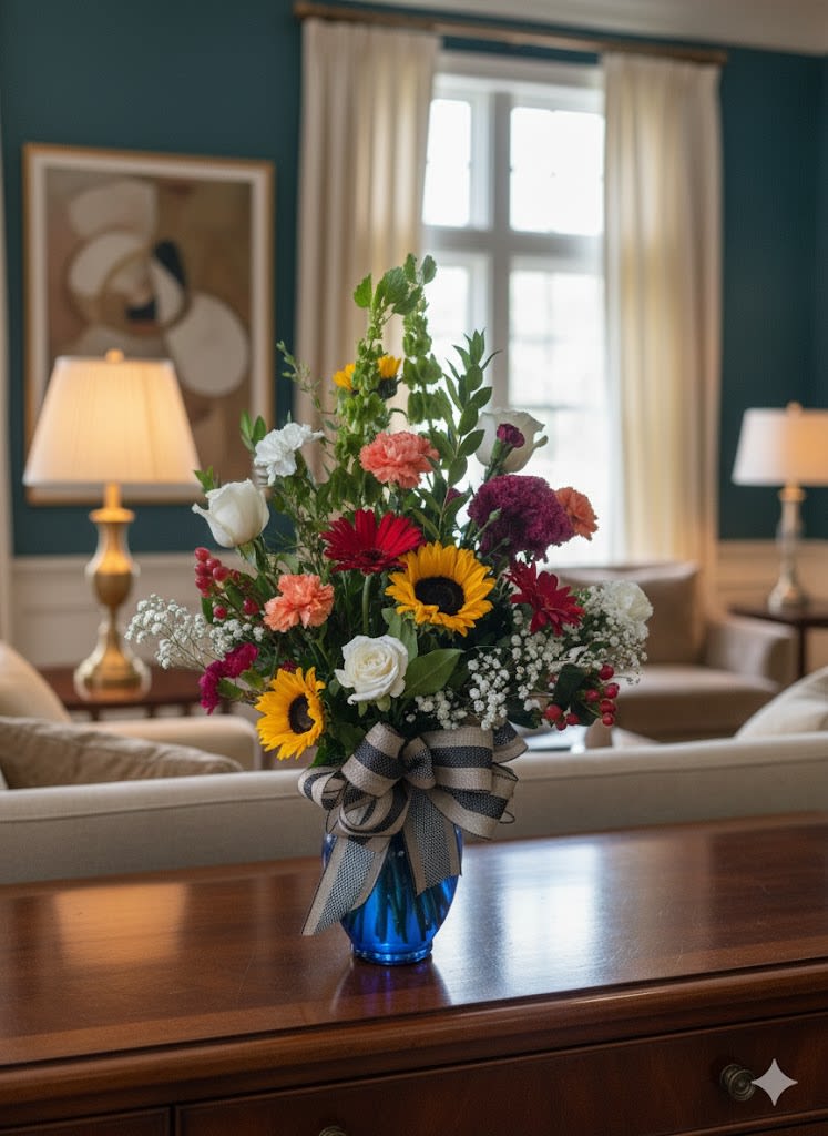 Mixed bouquet in a blue vase with a striped ribbon