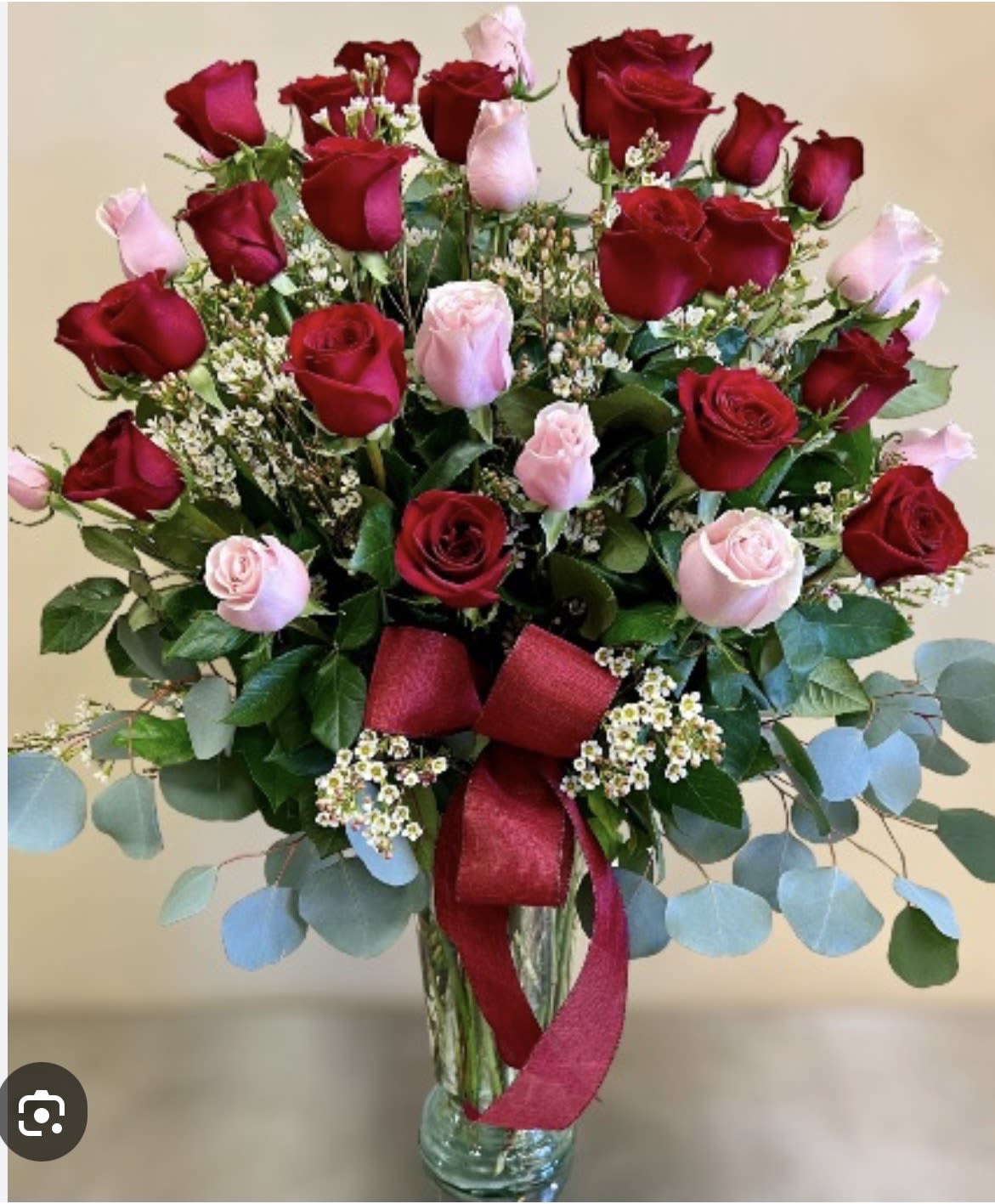 36 long stem, red and pink Roses - 36 longstem pink and red roses in a tall glass vase with greens and baby breath