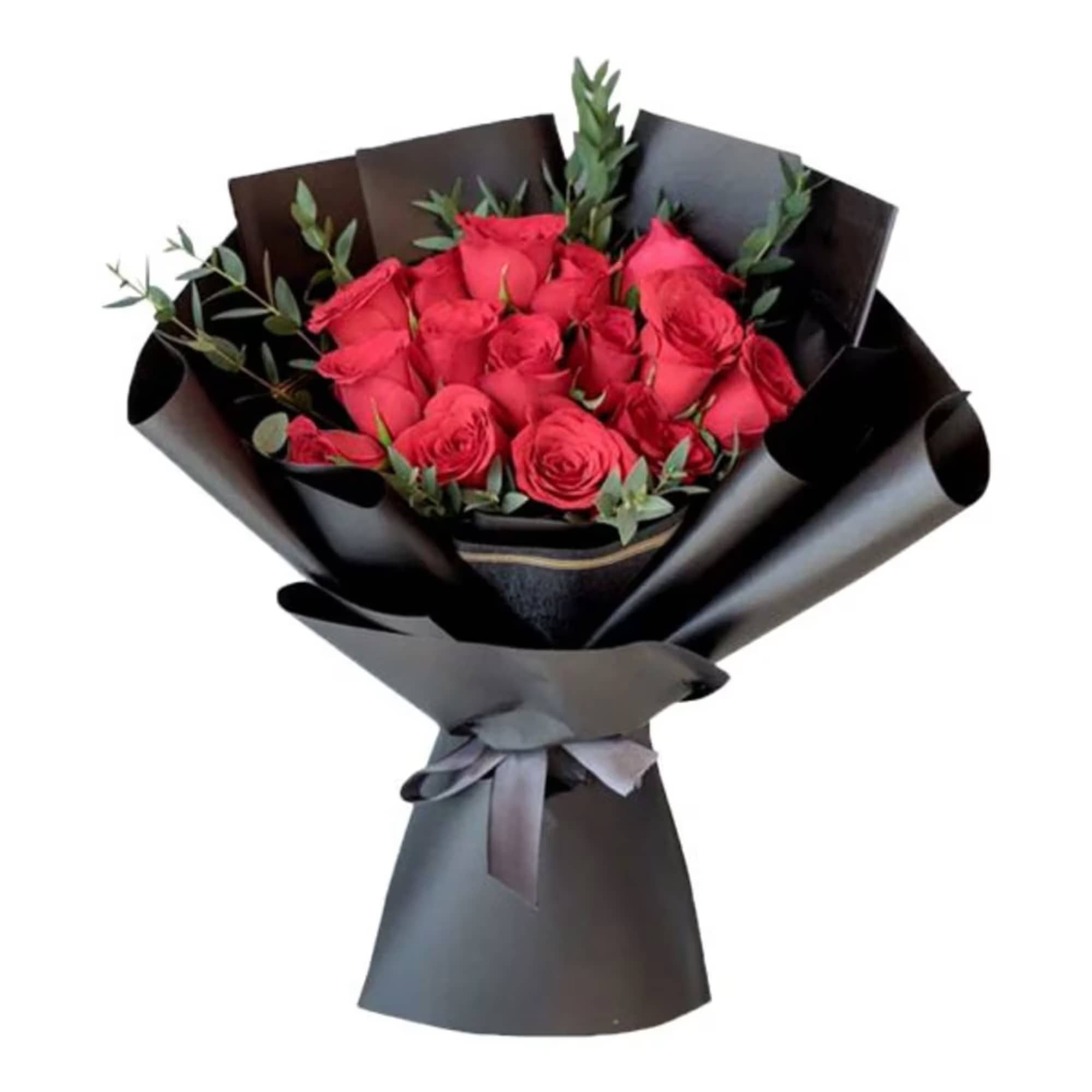 Bouquet of red roses wrapped in black paper with a tied black ribbon.