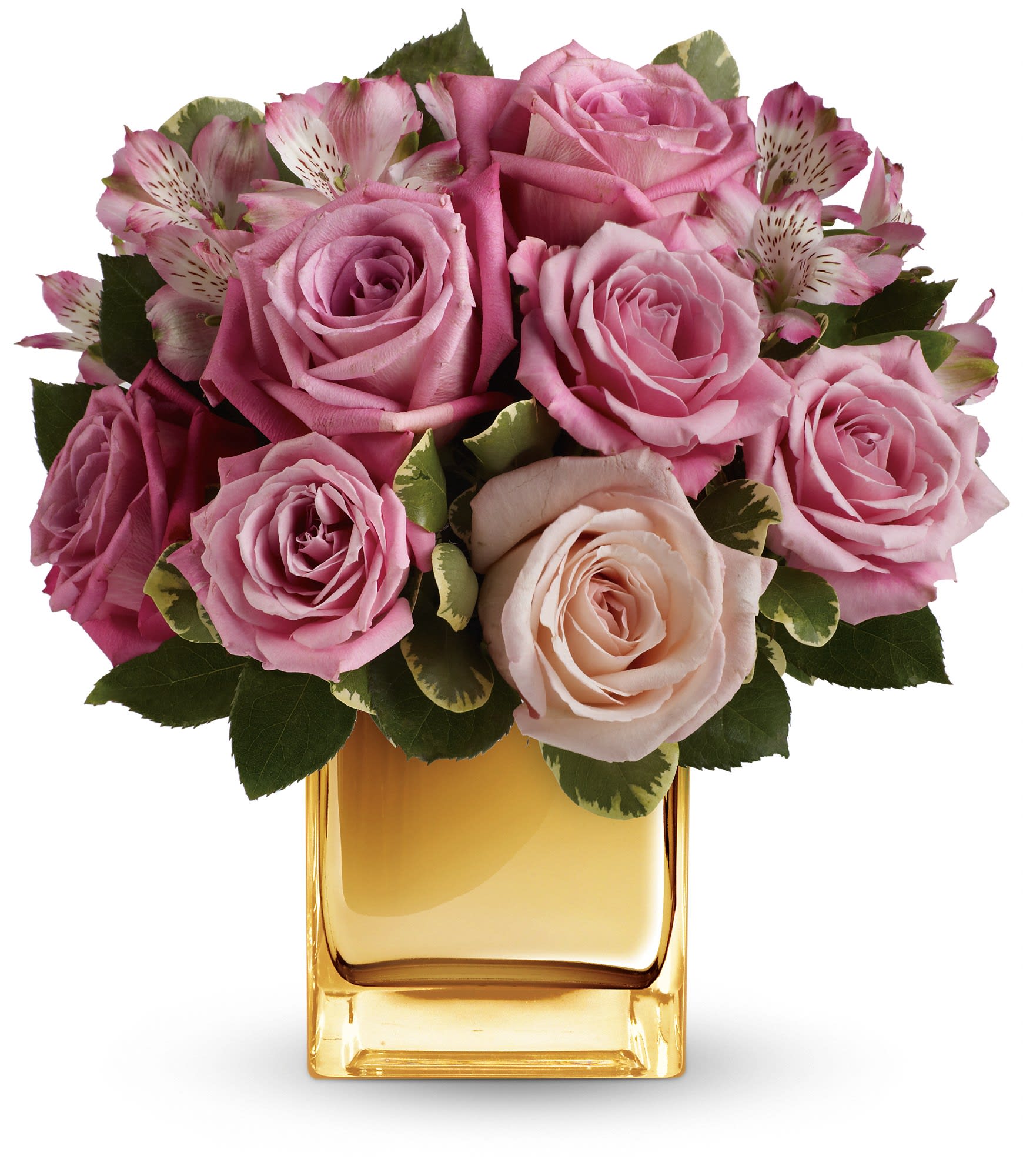 Pink roses and alstroemeria in a gold glass vase