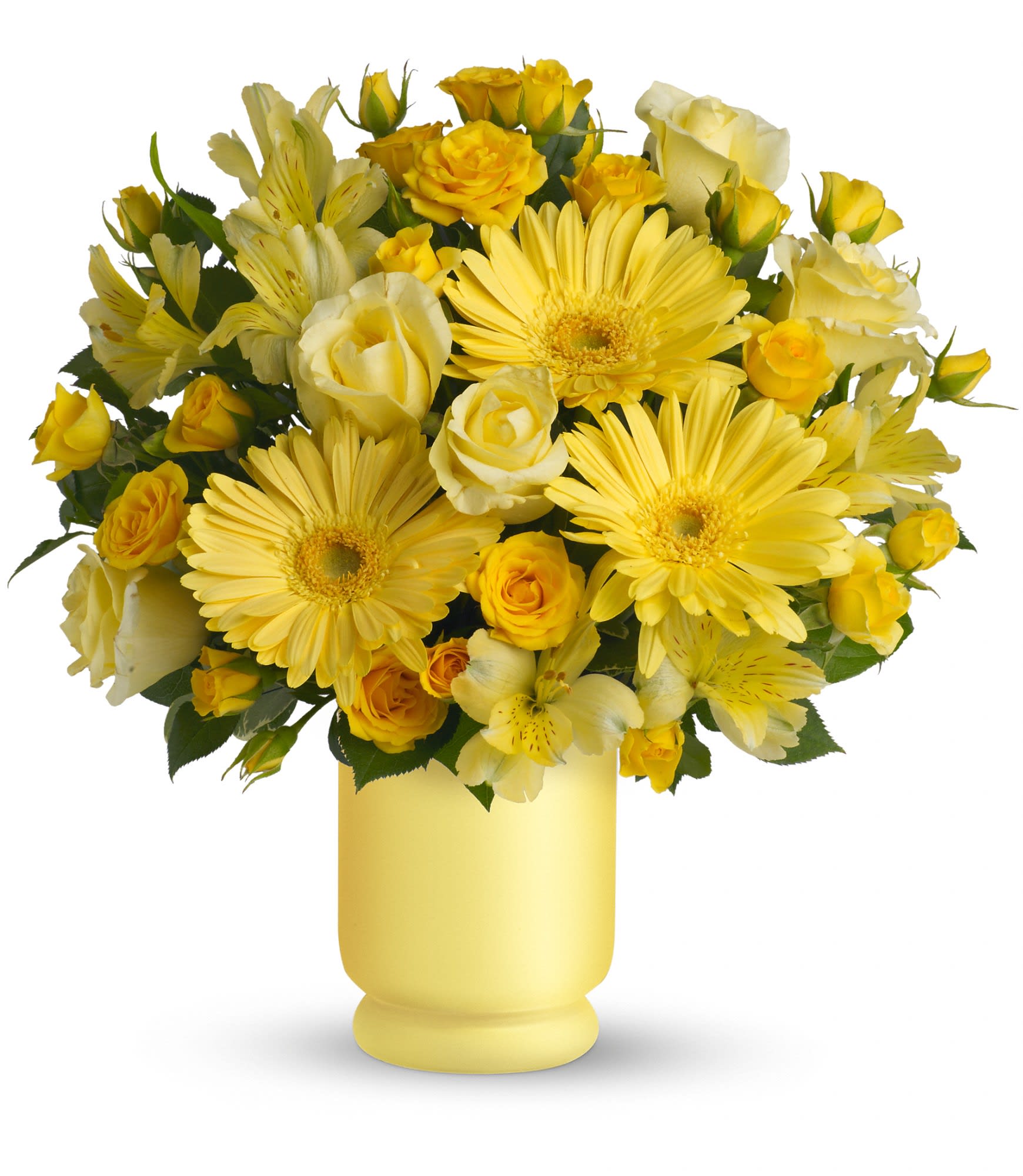 Yellow roses and gerbera daisies in a yellow vase