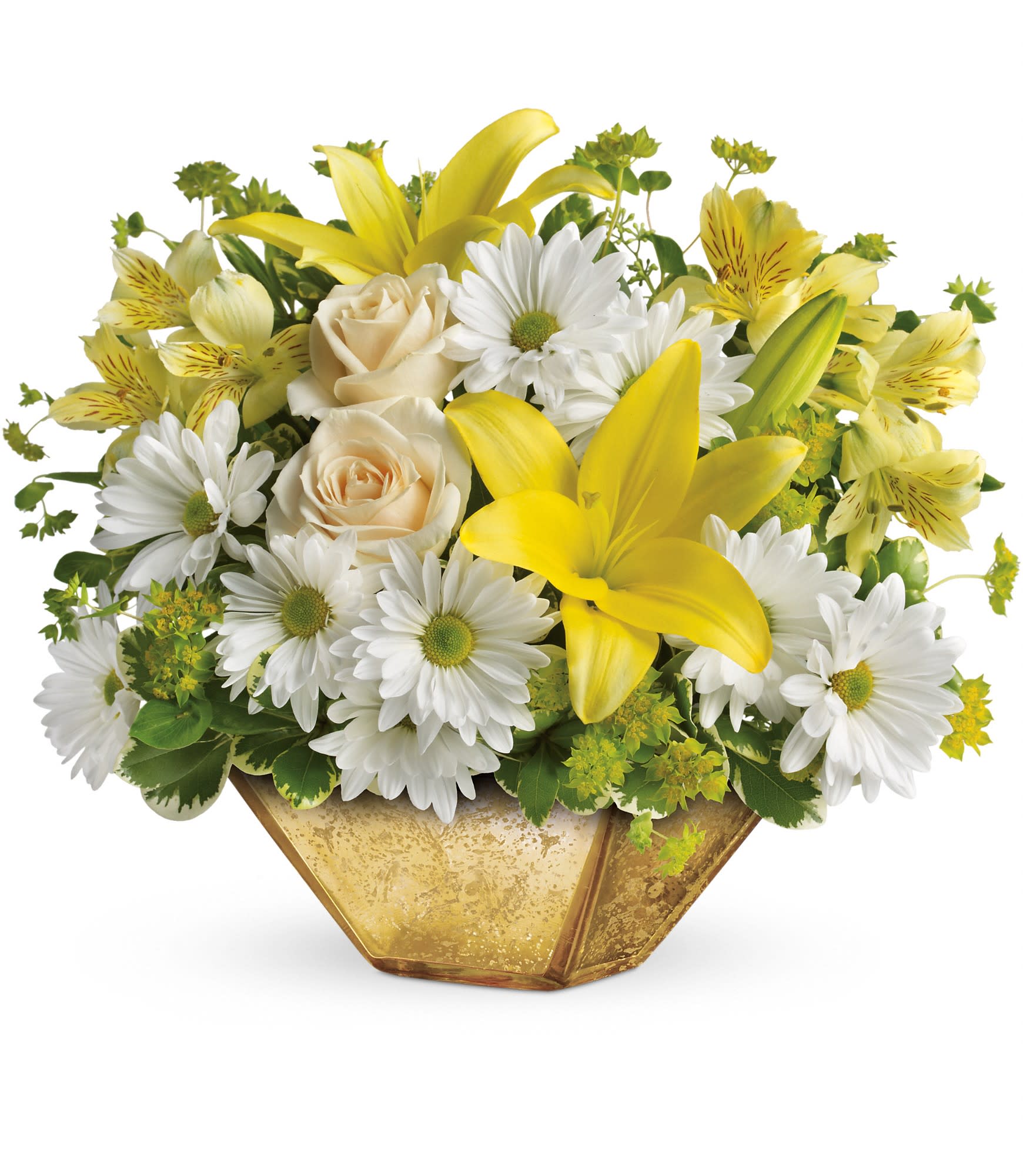 Yellow lilies and white daisies with cream roses in a gold vase