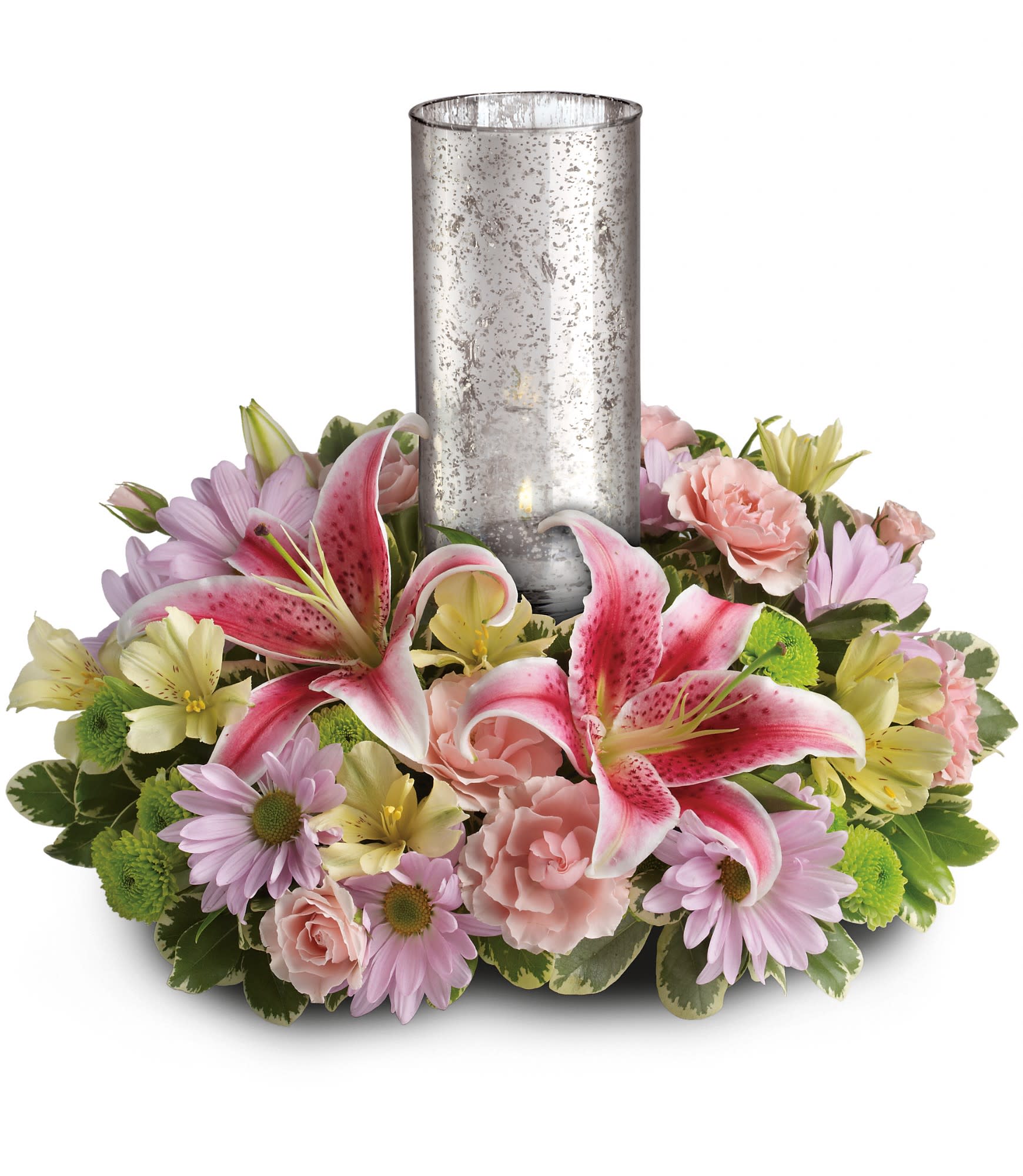 Pink lilies and pastel flowers arranged around a silver glass cylinder vase