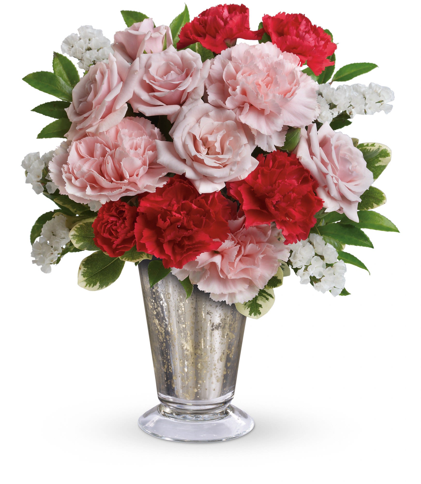 Pink roses and red carnations in a silver vase