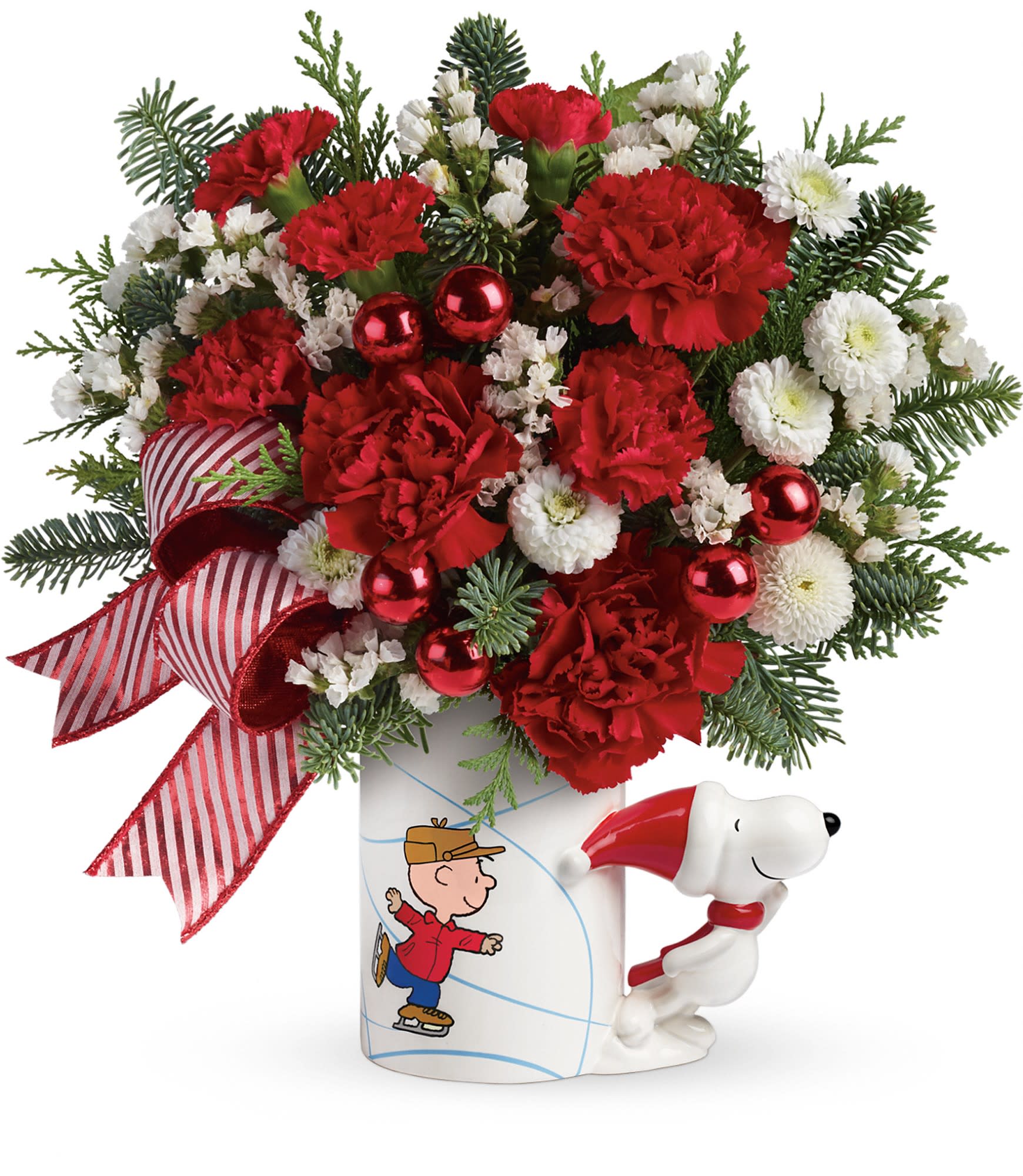 Red carnations and white mums in a Snoopy mug with a striped ribbon
