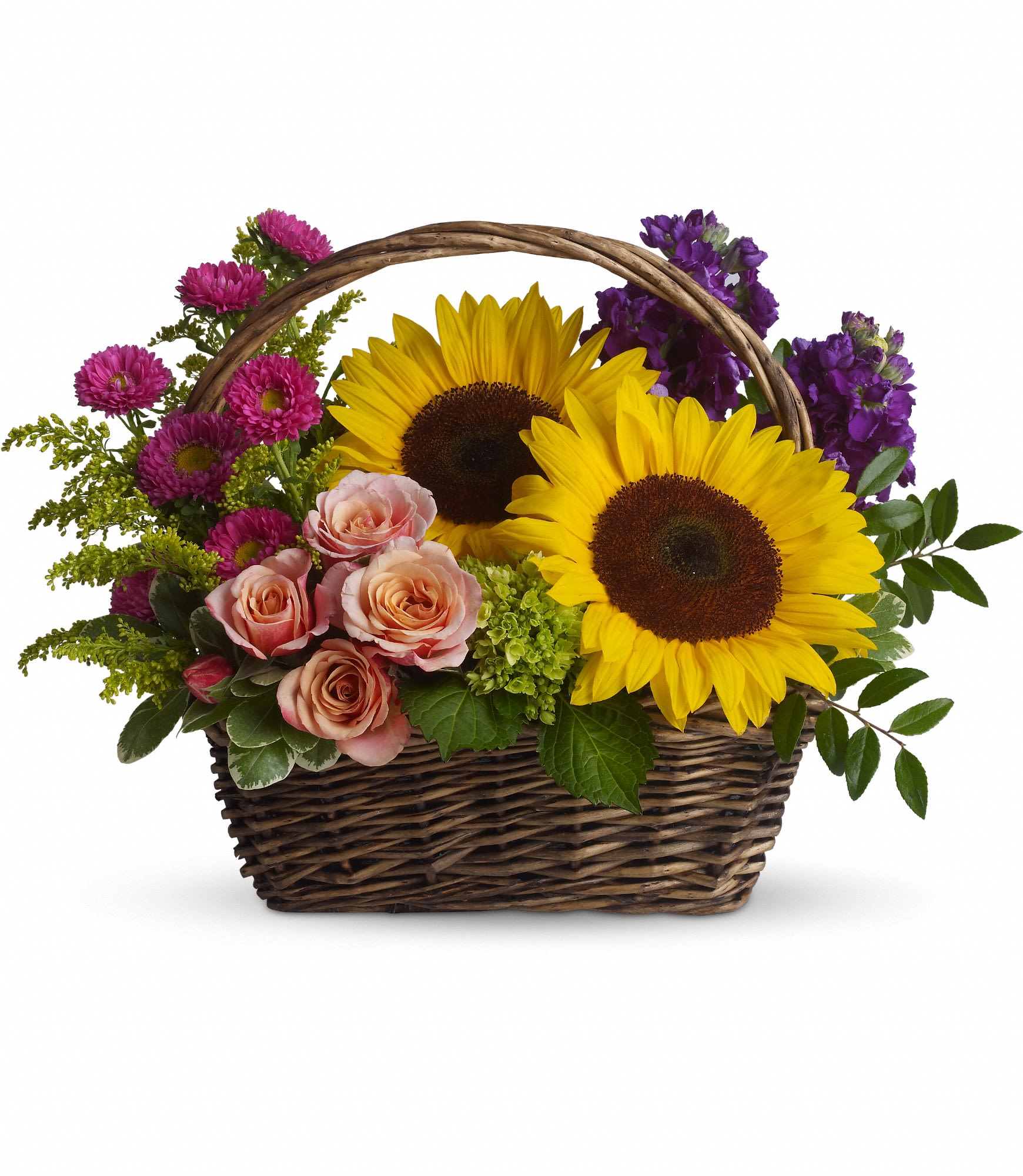 Basket arrangement with sunflowers, pink roses, and purple flowers