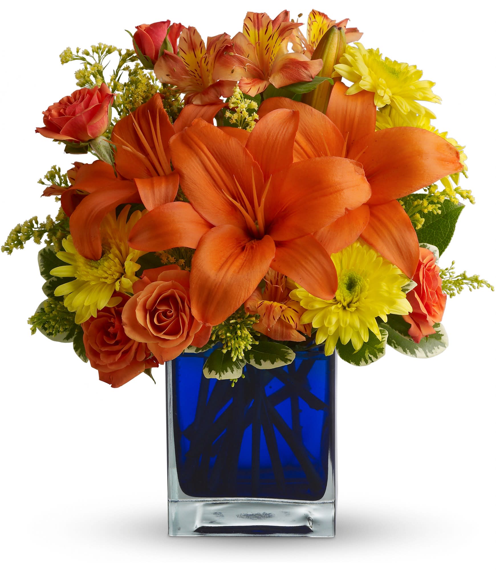 Orange lilies and roses with yellow daisies in a blue glass vase