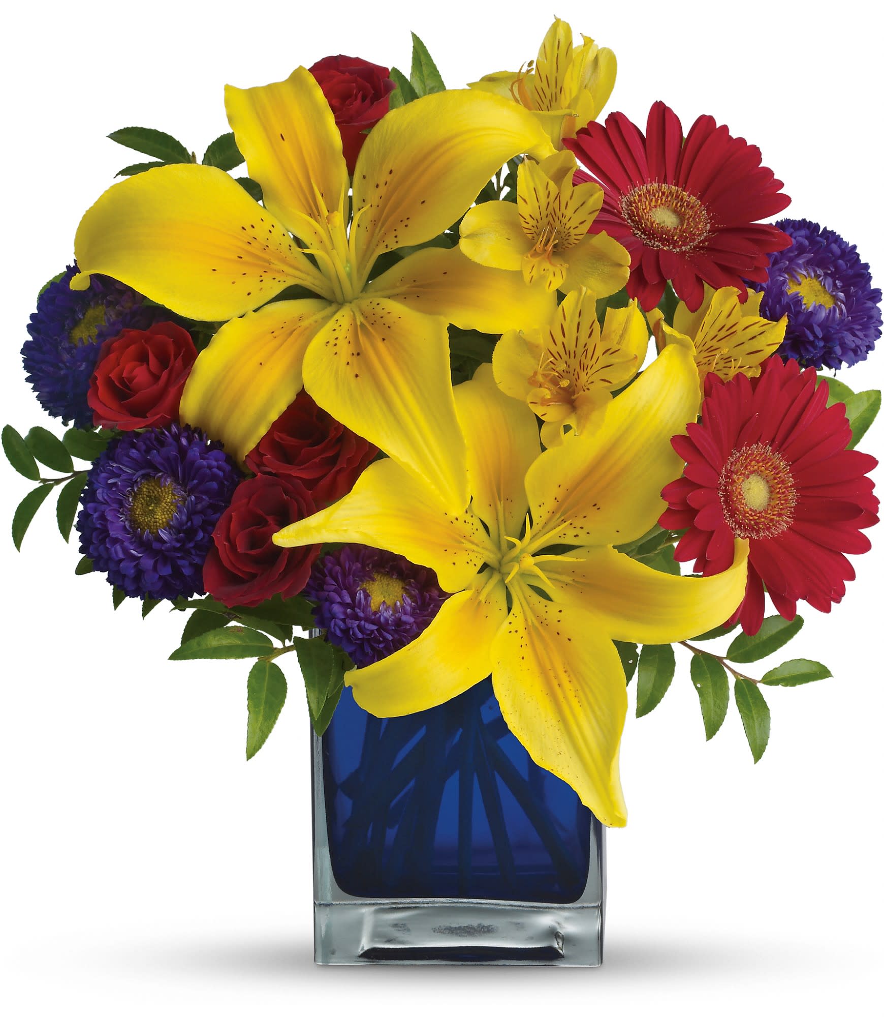 Bouquet of yellow lilies, red roses, and purple daisies in a blue glass vase