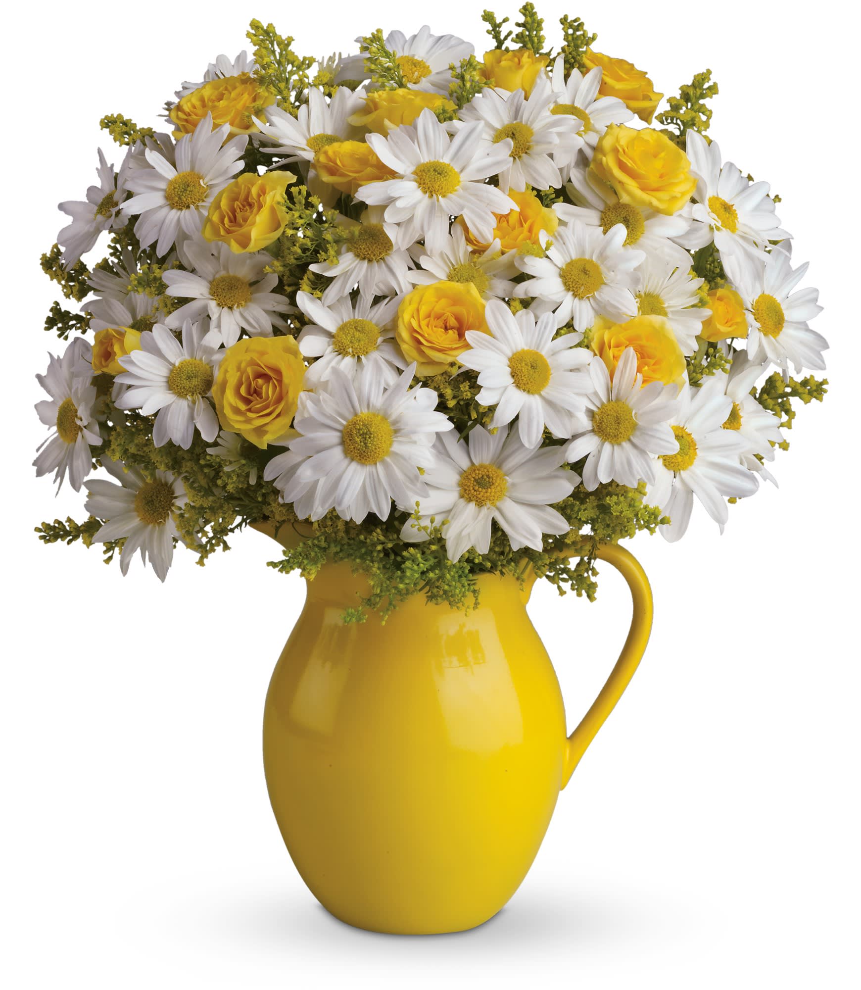 Yellow pitcher vase filled with white daisies and yellow roses