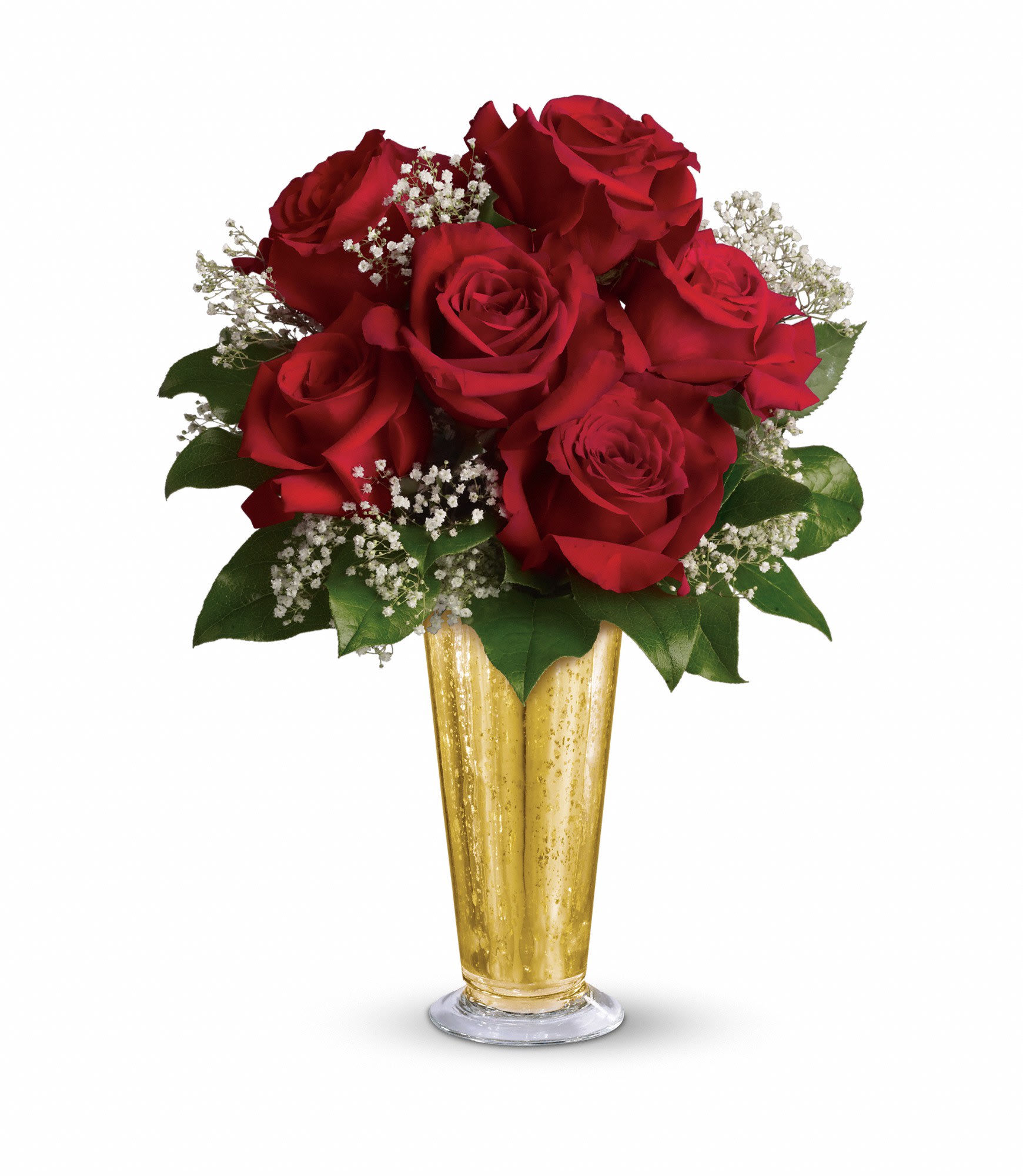 Red roses arranged in a gold vase with white filler flowers