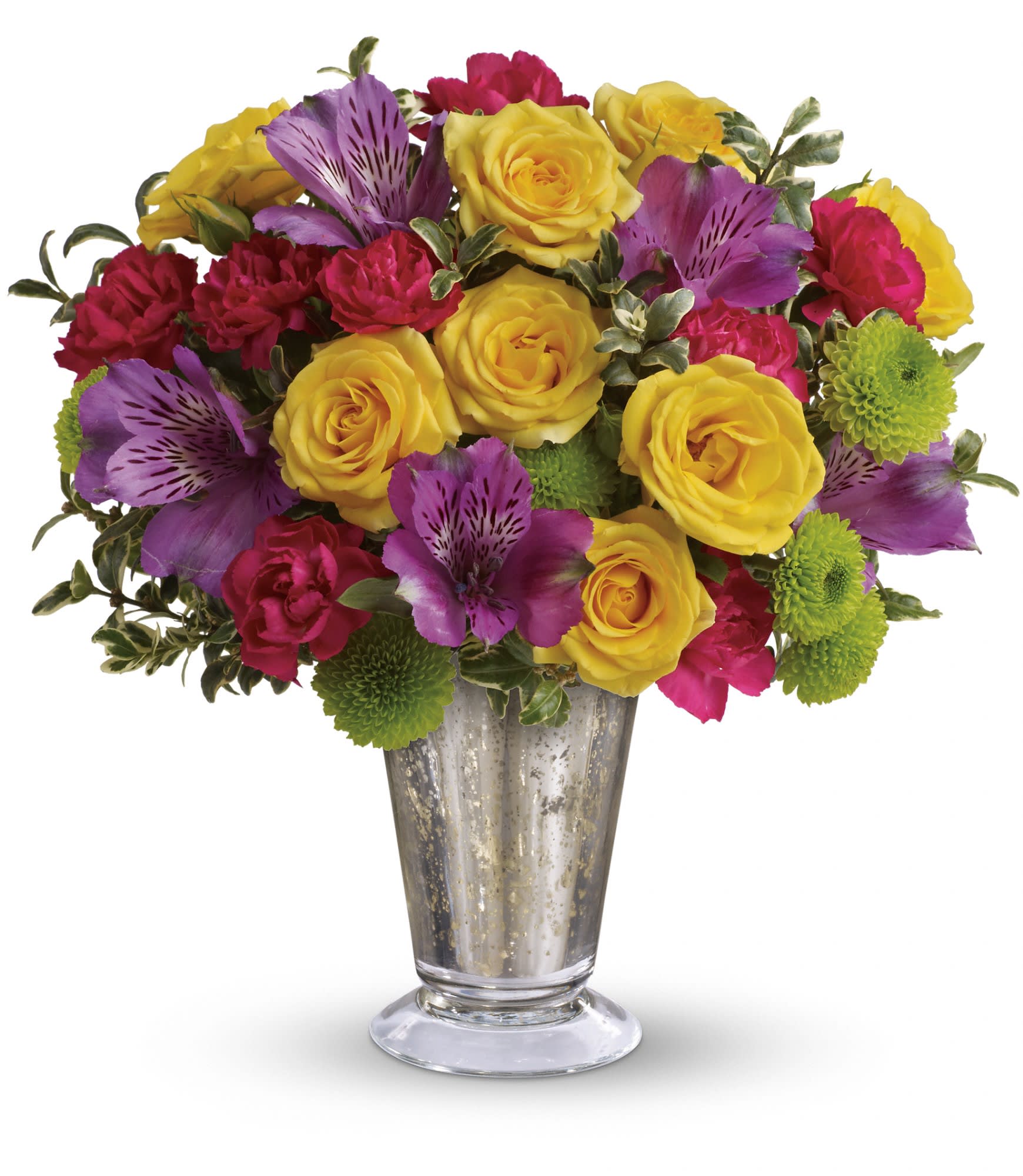 Bouquet of yellow roses, purple alstroemeria, and pink carnations in a glass vase
