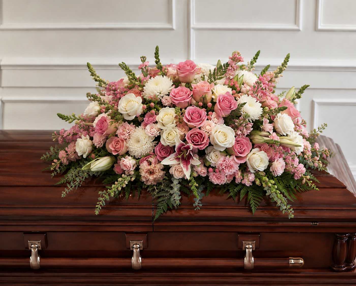 Pink and white floral spray arranged on a casket