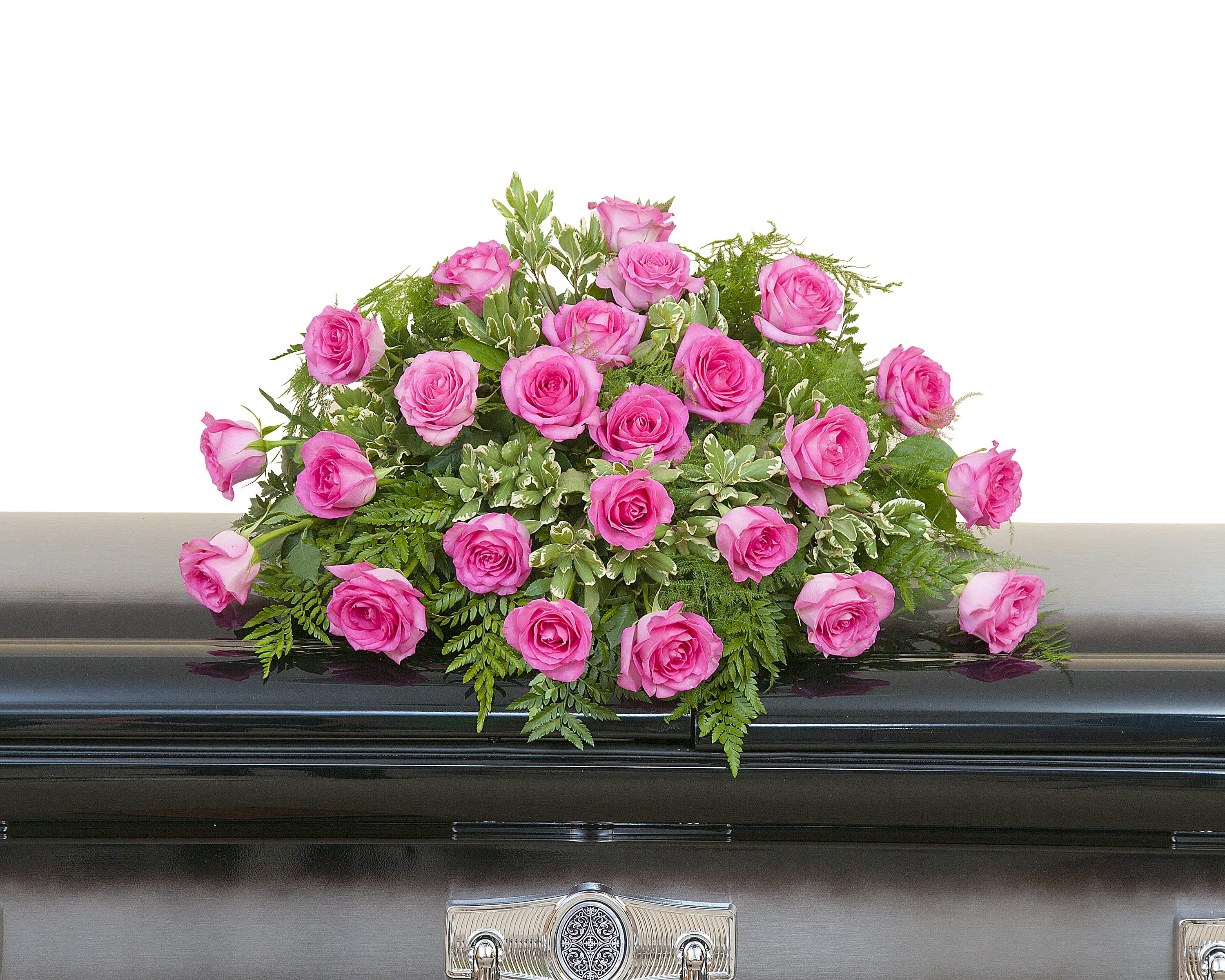 Pink Rose Casket Spray  - Pink Roses and select foliage make up this beautiful casket spray. Approximately 24" wide 16" deep